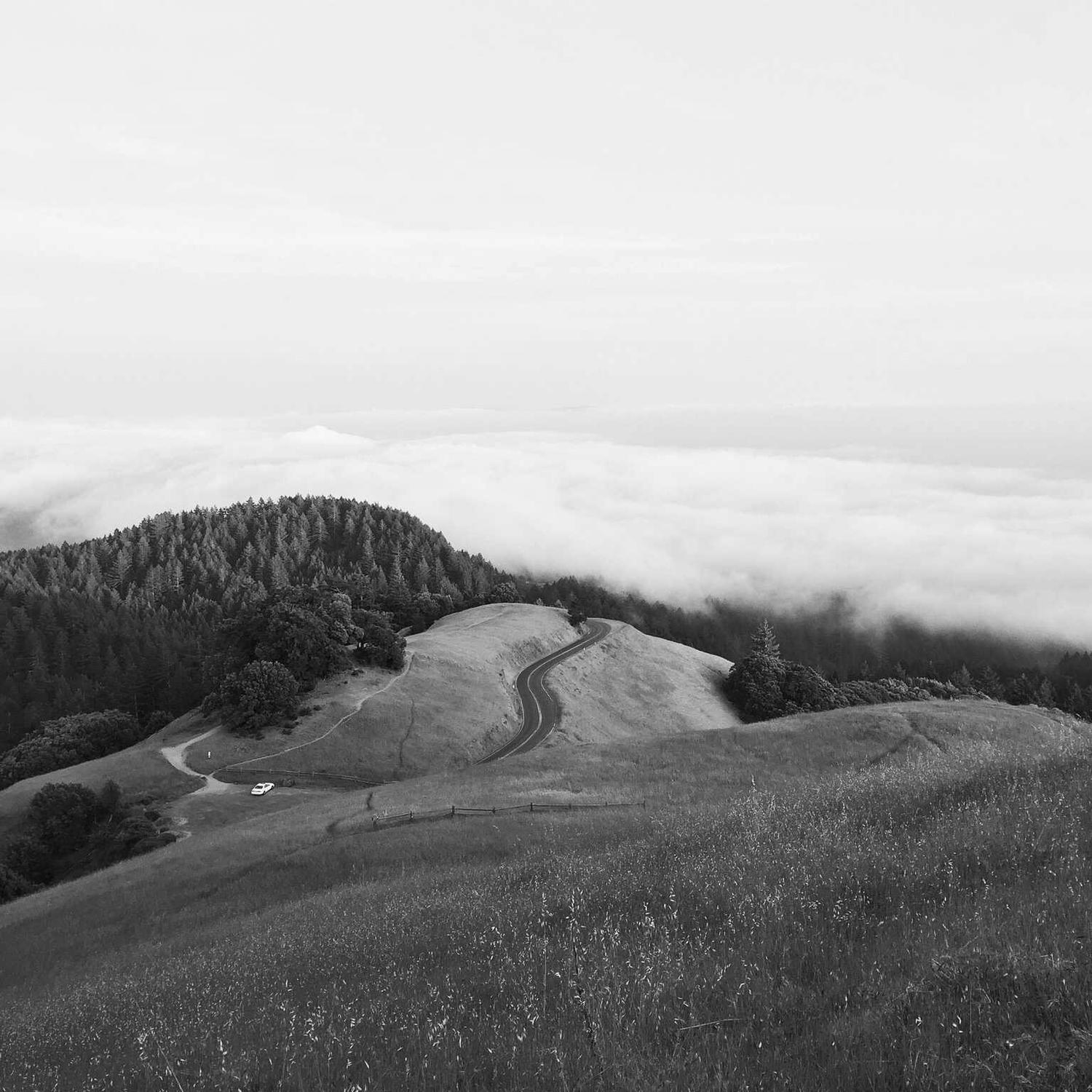 Figure in mist on a hillside, near-monochrome
